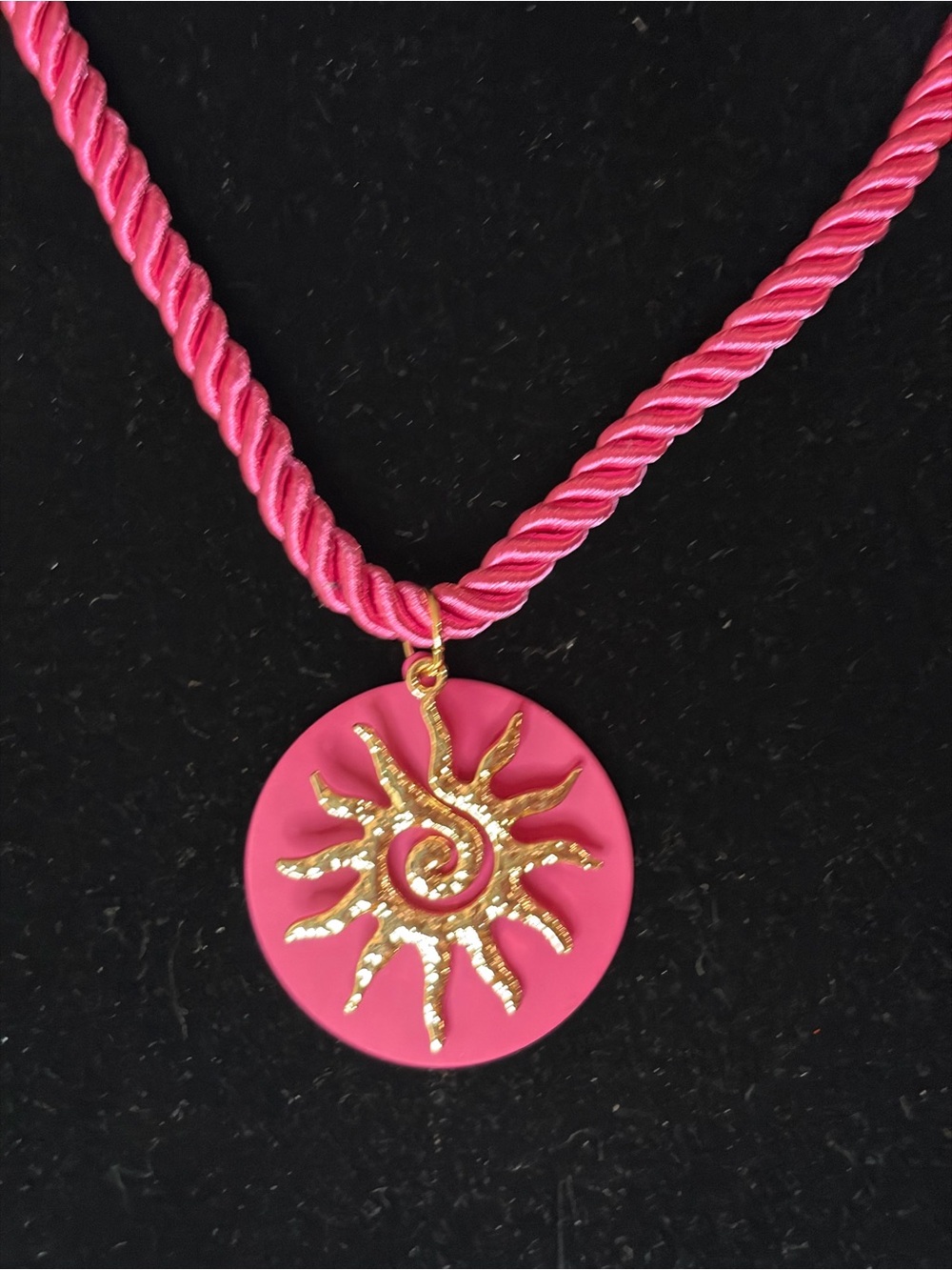 Gold Sun Pendant on Hot Pink Rope Necklace